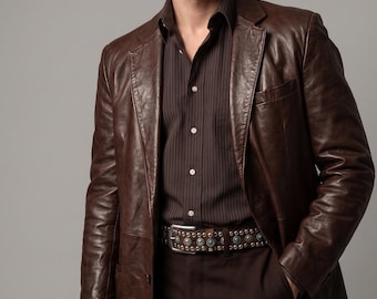 Men’s Brown Leather Blazer Jacket Vintage Style Slim Fit Real Leather Sport Coat Classic Casual Formal Outerwear Gift for Him