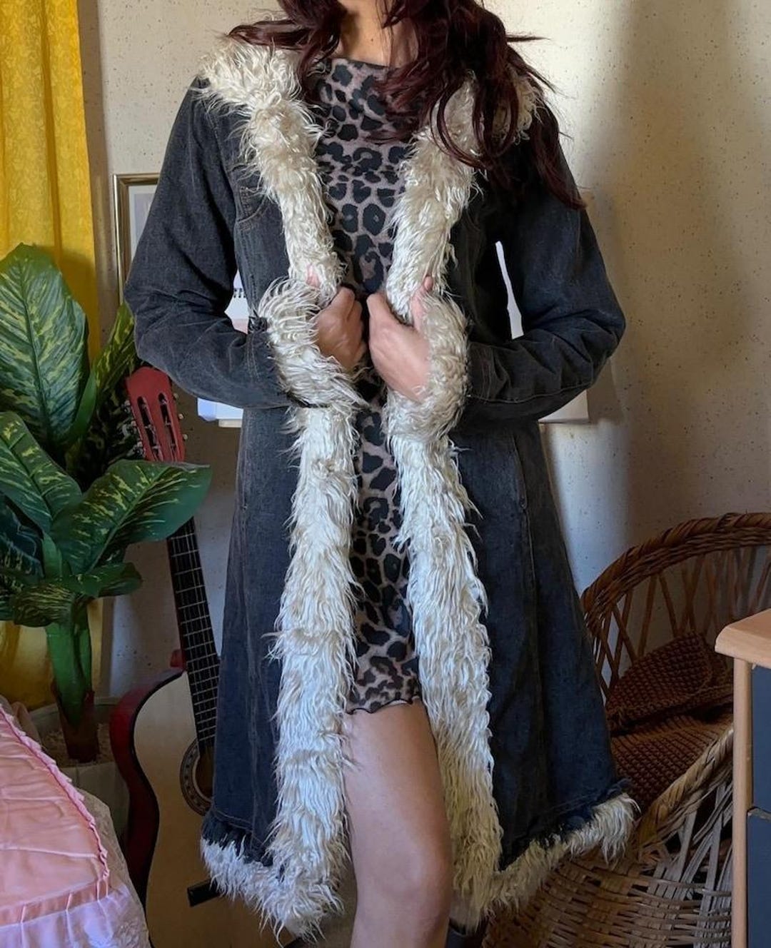 Women's Vintage Denim Penny Lane Coat With Fur Trim 90s Boho