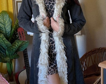 Women’s Vintage Denim Penny Lane Coat with Fur Trim 90s Boho Shearling Long Coat Afghan Style Winter Outerwear Y2K Chic Jacket Gift for Her