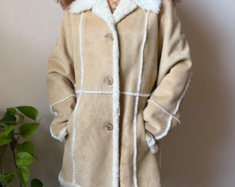 Brown Suede Penny Lane Coat, White Fur Trim Afghan Coat, 70s Boho Shearling Style Jacket, Vintage Winter Coat Women, Retro Suede Fur Coat