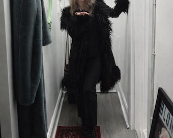 Black Penny Lane Afghan Trench Handmade Women’s Long Suede Shearling Coat with Mongolian Fur Trim 90s Boho Winter Gifts For Her