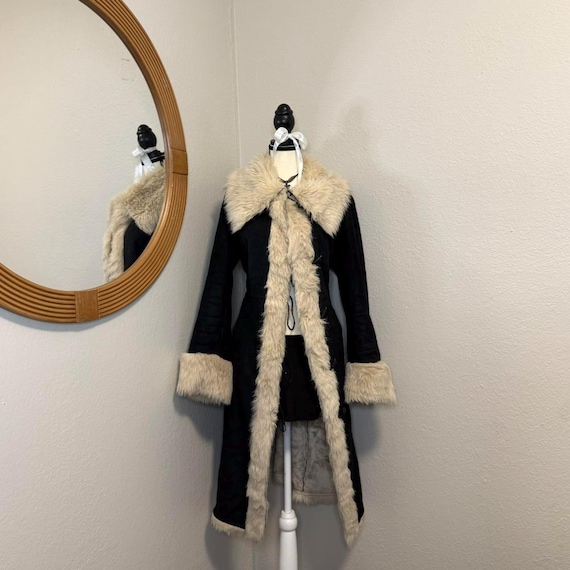 Black Suede Penny Lane Coat 70s Style Afghan Fur Trim Jacket Vintage Boho Long Suede Coat Women Cream Shaggy Trim Retro Winter Coat Handmade
