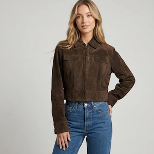Women’s Brown Suede Leather Cropped Jacket Vintage Style Zip Up Short Coat Fitted Casual Biker Jacket Fall Winter Outerwear Gift