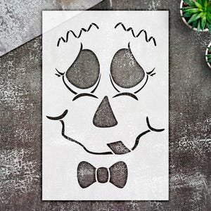 Plantilla de cara de espantapájaros con sombrero y pajarita, reutilizable, para carteles de otoño, decoración rústica otoñal y proyectos de pintura de estilo rústico.