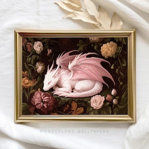 Dark Florals, Dark Academia Dragon Print, Mityczna sztuka stworzeń, Fantastyczna dekoracja ścienna, Magical Cottagecore, Cyfrowa sztuka ścienna do druku | WP392