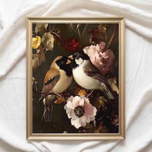 Two Lovebirds on Branch Vintage Oil Painting Bird and Floral Art, Moody Spring Romantic Bedroom PRINTABLE Wall Art Botanical Print | WP438