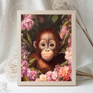 Baby Orangutan Nursery Printable Wall Art Floral Oil Painting Animal Art Kids Room Decor | WP455