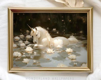 May include: A white unicorn with a golden horn swims in a pond filled with white water lilies. The unicorn is surrounded by lily pads and the water is a light blue-green color. The image is framed in a gold frame.