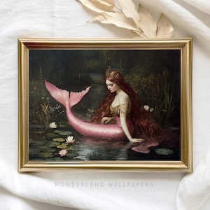 Pink Mermaid Art Mythical Creature Art, Fantasy Wall Decor, Magical Cottagecore, PRINTABLE Wall Art, Whimsical Print, Dark Academia | WP343