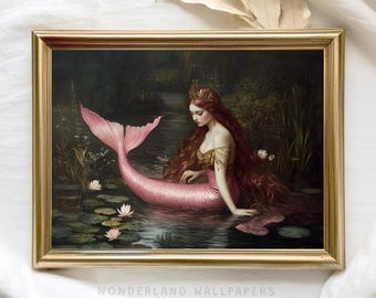 Pink Mermaid Art Print: Cottagecore Fantasy Wall Decor (Digital Download)