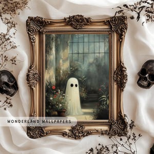 Ghost in Greenhouse, PRINTABLE Halloween Wall Decor, Cute Ghost with Flowers Wall Art, Dark Academia Art, Vintage Halloween Gallery | WP014