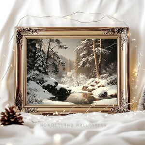 Art mural hiver maussade, décoration d'intérieur Noël vacances, art hiver imprimable, carte de Noël vintage, impression cabine paysage enneigé | WP163