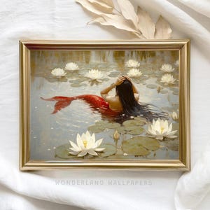 Red Mermaid Print, Mythical Creature Art, Fantasy Wall Decor, Magical Cottagecore, Girls Bedroom PRINTABLE Wall Art, Whimsical Print | WP345