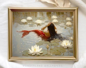 Red Mermaid Art Print: Fantasy Cottagecore Wall Decor (Digital Download)