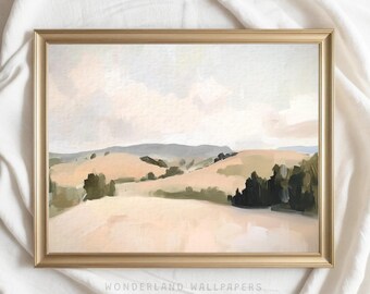 Puede incluir: Una pintura digital de un paisaje con colinas onduladas, un cielo azul claro con nubes blancas y árboles verdes. La pintura está en un marco dorado.