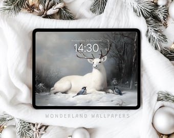 Antique White Deer iPad Wallpaper: Winter Blue Jay Lockscreen (Digital Download)