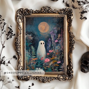 Ghost in Wildflowers, Halloween PRINTABLE Art, Spooky Cute Ghost Decor, Floral Ghost Print, Dark Academia Art, Wildflower Landscape | WP009
