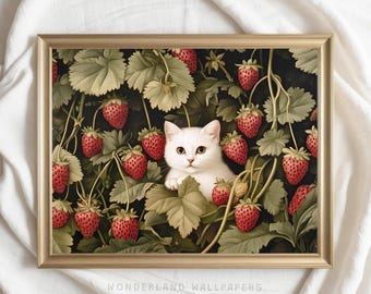 May include: A white cat with green eyes peeks out from a lush green strawberry vine. The cat is surrounded by ripe red strawberries, some of which are partially hidden by the leaves.