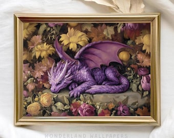 Purple Dragon Floral Art Print: Cottagecore Fantasy Decor (Digital Download)