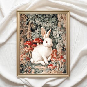 White Bunny Nursery Print, Cottagecore Mushroom Print, Vintage Spring PRINTABLE Wall Art Decor Retro Botanical Print | WP436