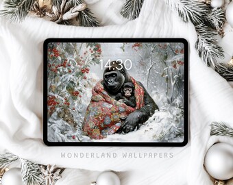 Puede incluir: Una ilustración digital de un gorila y un bebé gorila en un entorno de bosque nevado. El gorila lleva una manta de patrones rojos y blancos. La hora 14:30 se muestra en la pantalla. El texto "WONDERLAND WALLPAPERS" está en la parte inferior de la imagen.