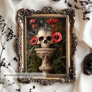 Flower Skull Portrait, Spooky Fall Decor, Halloween PRINTABLE Wall Art, Floral Dark Academia, Cottagecore Skeleton Art, Floral Skull | WP018