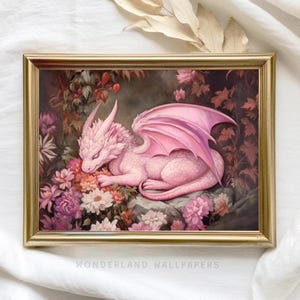 ピンクのドラゴンのプリント、神話の生き物のアート、ファンタジーの壁飾り、マジカルコテージコア、保育園の印刷可能な壁アート、気まぐれなプリント | WP388