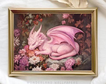 Pink Dragon Art Print: Whimsical Cottagecore Fantasy (Digital Download)