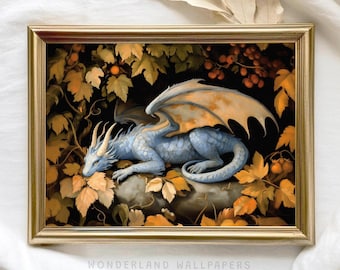 Blue Dragon Autumn Print: Cottagecore Fantasy Wall Art (Digital Download)