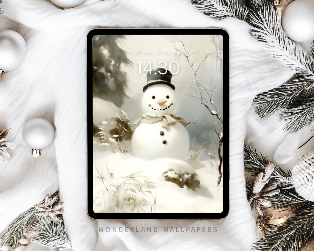 Cute Snow Man, Christmas iPad Wallpaper, Vintage Aesthetic iPad