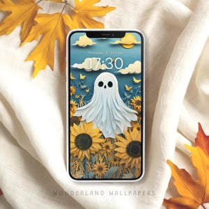 3D Cute Ghost Sunflowers, Cute Ghost iPhone Background, Halloween Wallpaper for Phone, Cute Spooky Halloween Lockscreen for iPhone, WW104