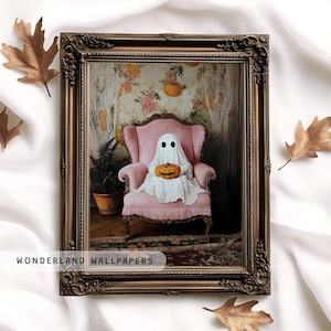 Cute Little Ghost in Pink Armchair with Pumpkin, Halloween PRINTABLE Wall Art, Spooky Cute Fall Decor, Floral Ghost Aesthetic Print | WP100