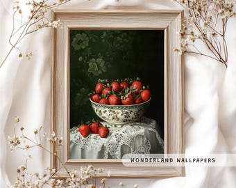 Aardbeistillevenprint, Cottagecore Kitchen Art (digitale download)