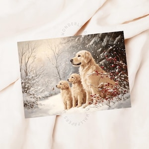Jolie impression Golden Retriever, art mural hiver, décoration d'intérieur Noël vacances, art hiver imprimable, idée carte de Noël | WP189