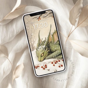 May include: A digital phone screen with a wintery background featuring a green dragon sleeping in the snow. The dragon has red berries scattered around it. The time is 17:30 and the date is Wednesday, 28 December.