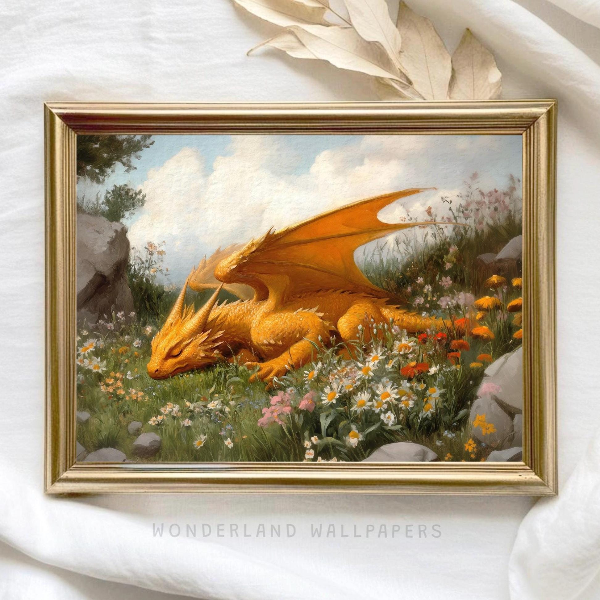 Golden Dragon Art Print: Cottagecore Fantasy Wall Decor (Digital Download)