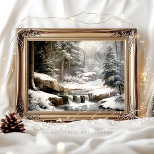 Art mural forêt d'hiver antique, décoration d'intérieur de Noël des fêtes, art hivernal à imprimer, idée de carte de Noël, art de Noël enneigé | WP161