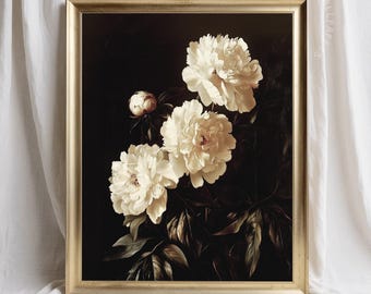 Stillleben Weiße Pfingstrose Academia Vintage Stil Ölgemälde Floral Botanische Wandkunst Vintage inspirierte klassische Pfingstrosen | AP469