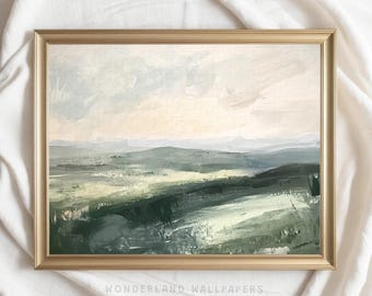 Puede incluir: Pintura abstracta de paisaje en tonos de verde, azul y blanco. La pintura representa una colina ondulada con un cielo nublado arriba. La pintura está enmarcada en un marco dorado.