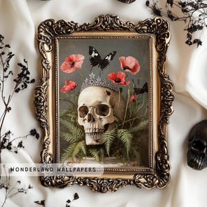 Skull with Flowers and Moths, Spooky Skeleton Fall Decor, Floral Dark Academia, Halloween PRINTABLE Wall Art, Floral Skull Portrait | WP019