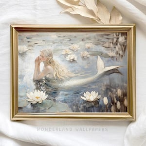 Pastel Blue Mermaid Print, Mythical Creature Art, Fantasy Wall Decor, Girls Room Decor, PRINTABLE Wall Art, Whimsical Print | WP393