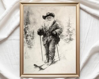 Cowboy Santa Skiing Print, Western Christmas Art (Digital Download)