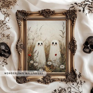 Ghost Wildflower Landscape, Cute Ghost with Flowers, Halloween PRINTABLE Art, Spooky Cute Fall Decor, Cottagecore Ghost Print | WP013