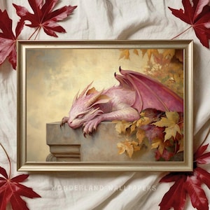 Sleepy Pink Dragon, Mythical Creature Art, Fantasy Wall Art, Magical Cottagecore Decor, Fall PRINTABLE Wall Art, Whimsical Print | WP336