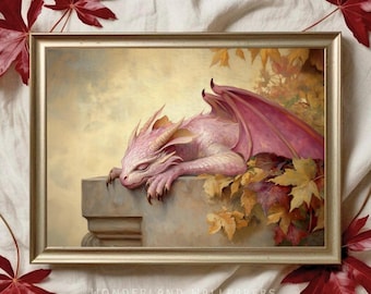 Sleepy Pink Dragon Art Print: Cottagecore Fantasy Decor (Digital Download)