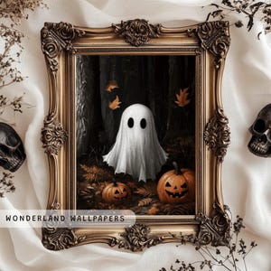 Spooky Cute Ghost with Pumpkins in Forest, PRINTABLE Halloween Art Print, Dark Academia Art, Vintage Ghost Print, Spooky Cottagecore | WP004