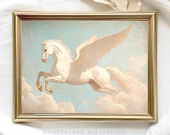 May include: A vintage framed print of a white winged horse flying through the clouds. The horse is depicted in a light blue sky with fluffy white clouds. The frame is gold.