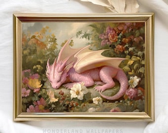 Pink Garden Dragon Art: Cottagecore Fantasy Print (Digital Download)
