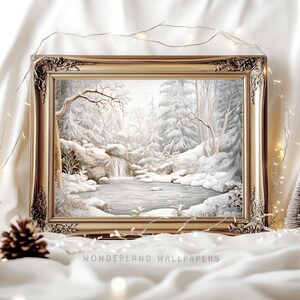 Art mural hiver blanc, décoration d'intérieur Noël vacances, art paysage hivernal à imprimer, idée carte de Noël, art déco Noël rustique | WP150