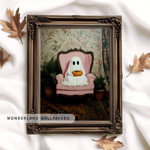 Cute Little Ghost with Pumpkin in Pink Armchair, Halloween PRINTABLE Wall Art, Spooky Cute Fall Decor, Floral Ghost Aesthetic Print | WP106